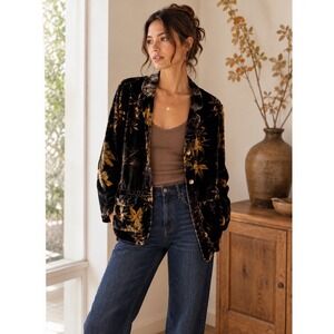 Harari Velvet Botanical Leaf Print Silk Blend Blazer Jacket Black Gold S